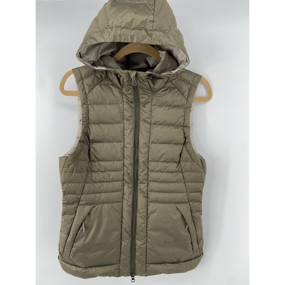 PrAna Vest Womens Small Green Pyx 650 Down Puffer Hood Hike Outdoor Travel Zip